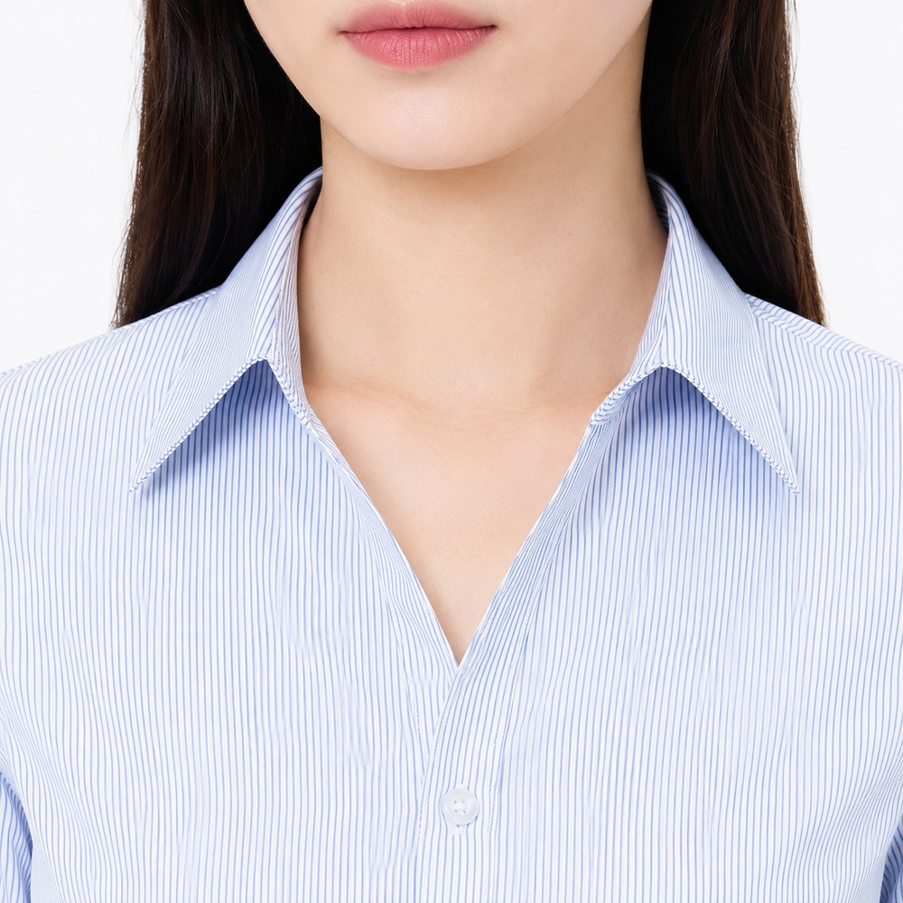 여성 슬림핏 스트라이프 긴팔 셔츠 오피스룩 면접 통근 블라우스 - 상세 이미지 4