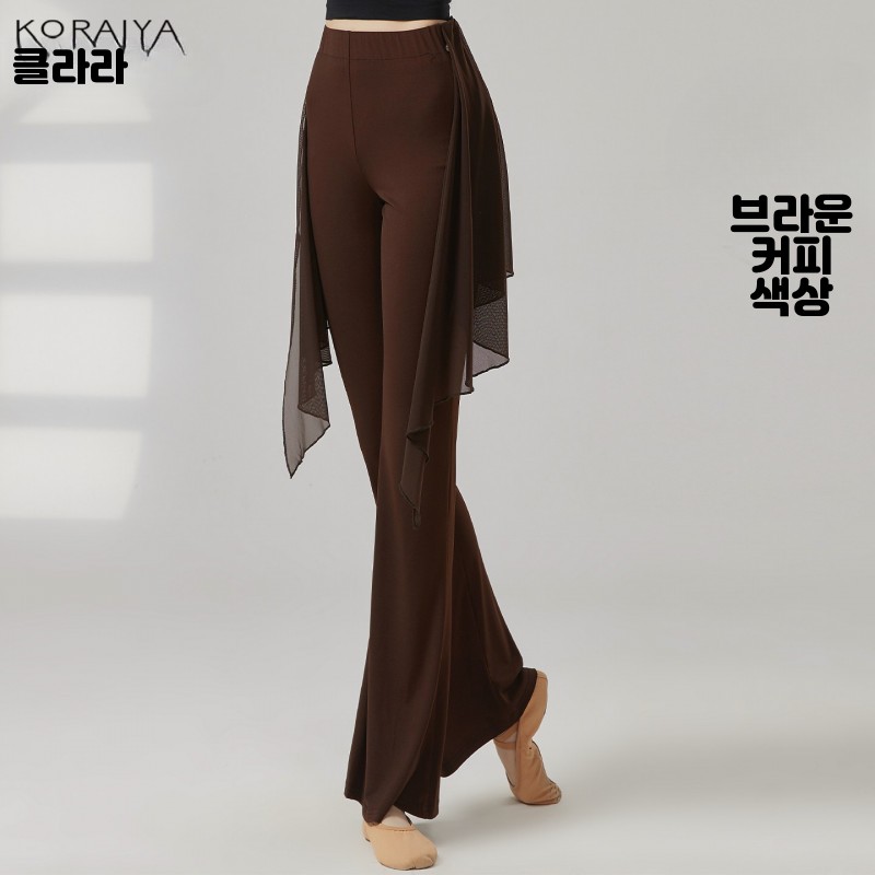 스트레칭 무용 발레 라인댄스복 팬츠 부츠컷 디자인 랩 쉬폰 신축성 블랙 S - 상세 이미지 3