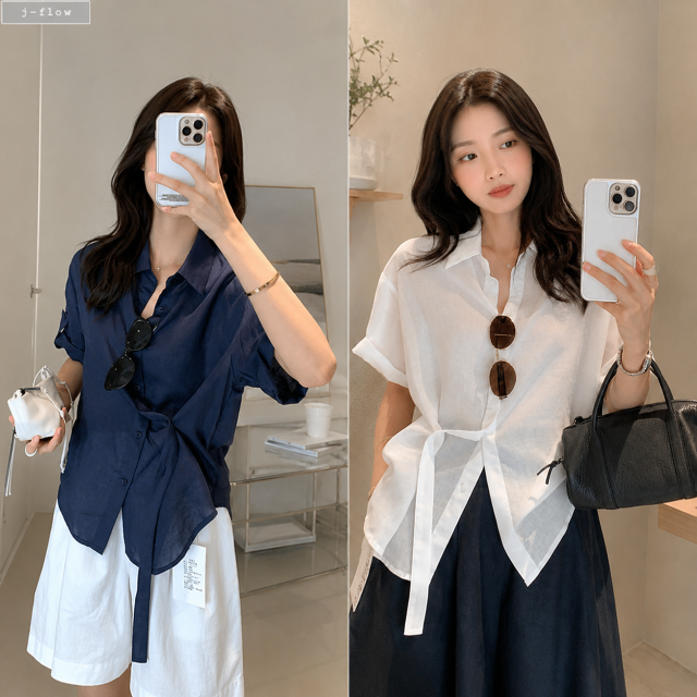위니 반팔 린넨 롤업 오버핏 얇은 하프 셔츠 3col 여름 허리 라인버튼 코튼 제이플로우 - 상품 이미지