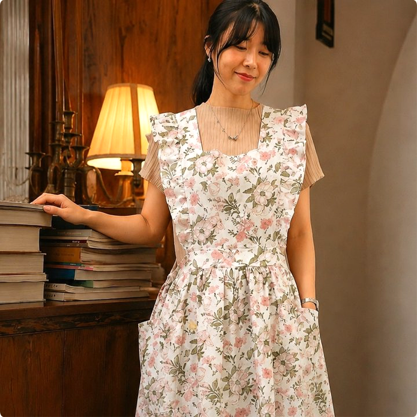 프릴 원피스앞치마 생활방수 홈카페 플라워 앞치마 주방 집들이선물 - 상세 이미지 3
