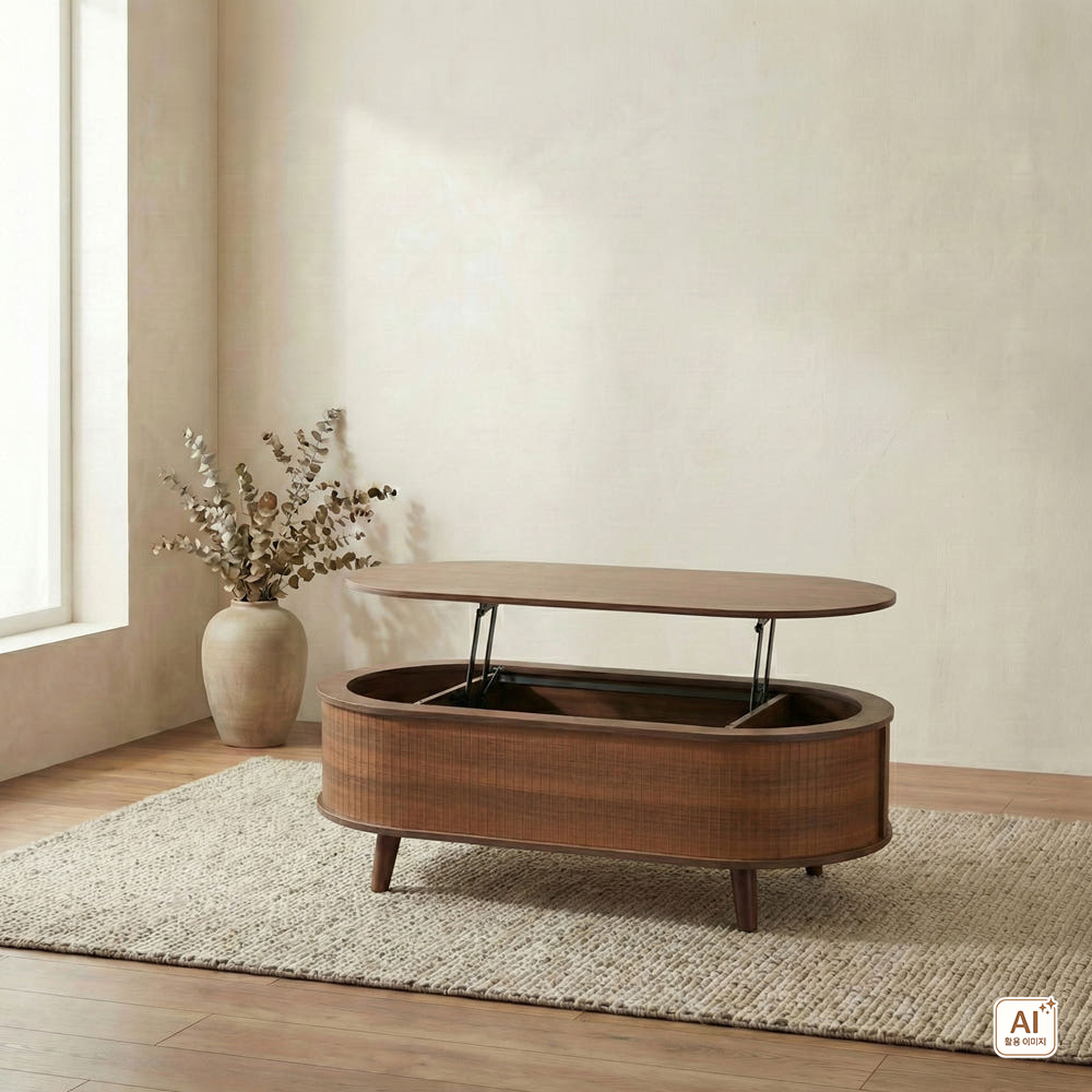 라노스 리프트업테이블 거실 소파테이블 수납 템바보드 타원형 1200x600mm, 딥브라운