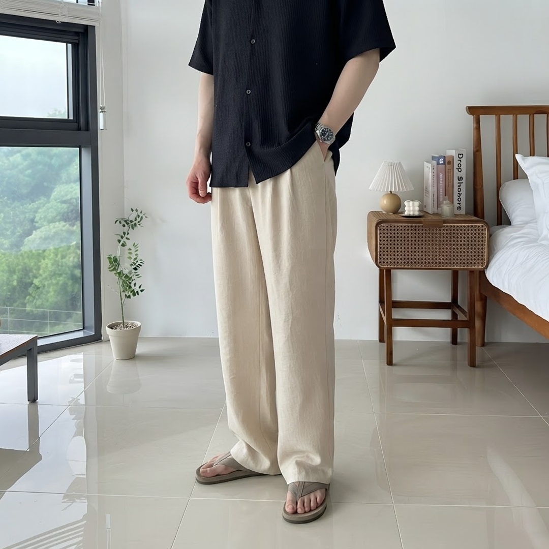 1+1 남자 린넨 라이크 투턱 와이드 밴딩 팬츠 3color - 상세 이미지 2