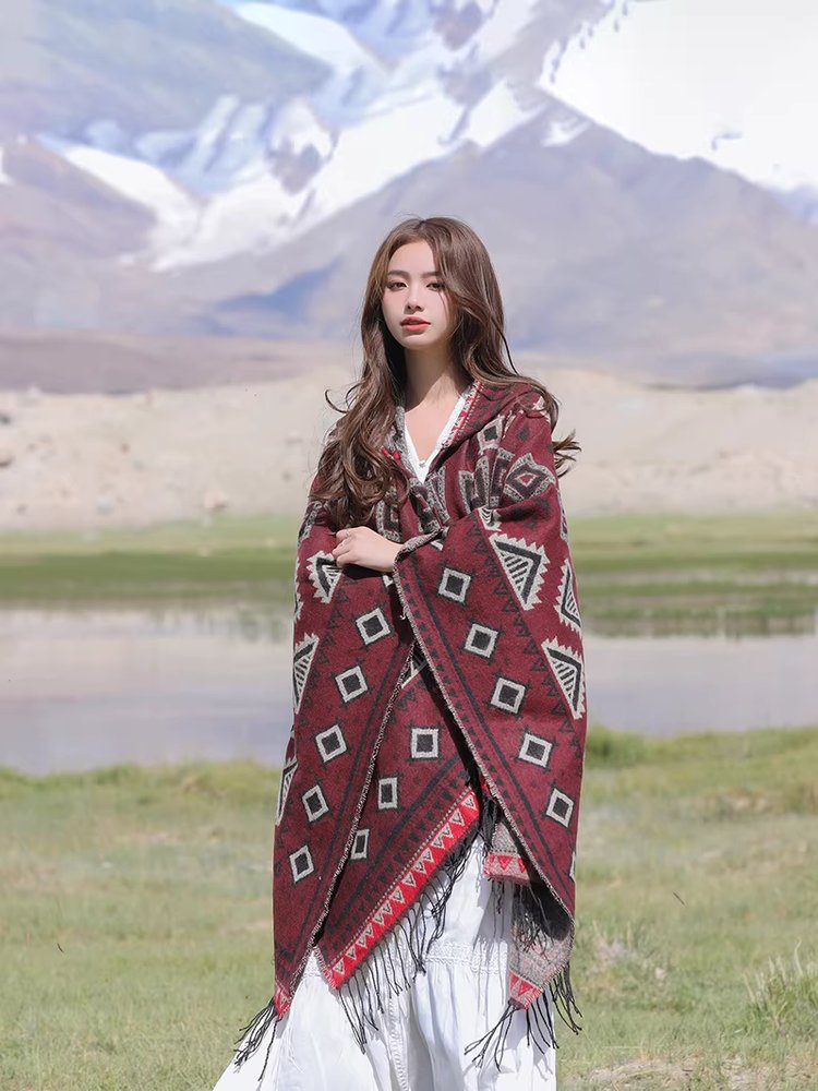몽골 판초 페루 가디건 망토 후드 의상 담요 LM263 삼각형 로열블루 - 상세 이미지 5