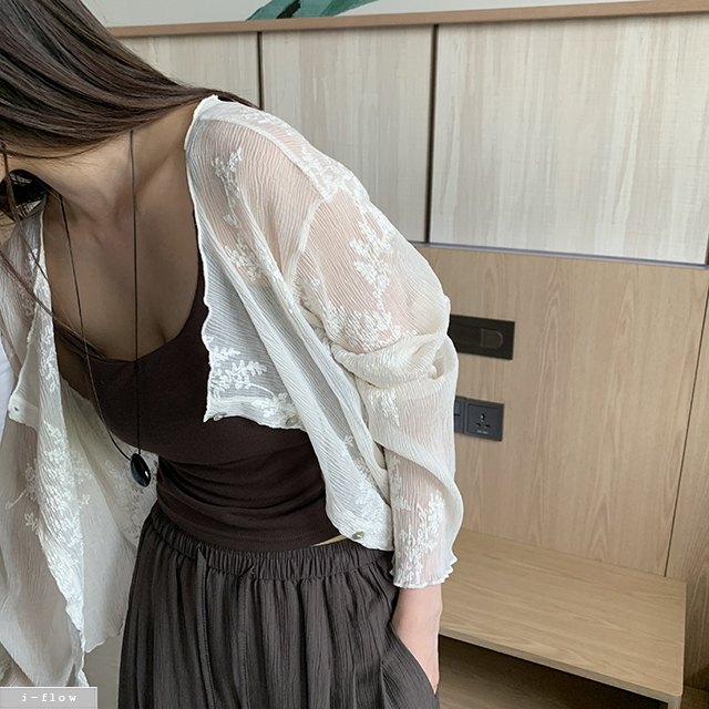 애일 루즈핏 플리츠 자수 시스루 가디건 2col S,M 여름 긴팔 자가드 쉬폰 제이플로우 이미지 6