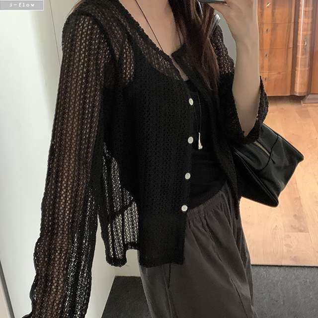 제피 루즈핏 라운드 시스루 긴팔 뜨개 가디건 2col S,M 여름 선스크린 그물 제이플로우 이미지 7