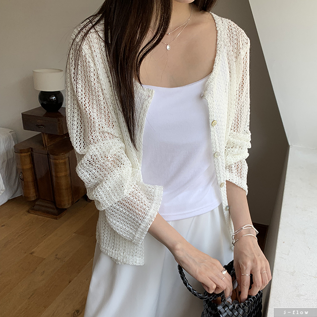 제피 루즈핏 라운드 시스루 긴팔 뜨개 가디건 2col S,M 여름 선스크린 그물 제이플로우 - 상세 이미지 2