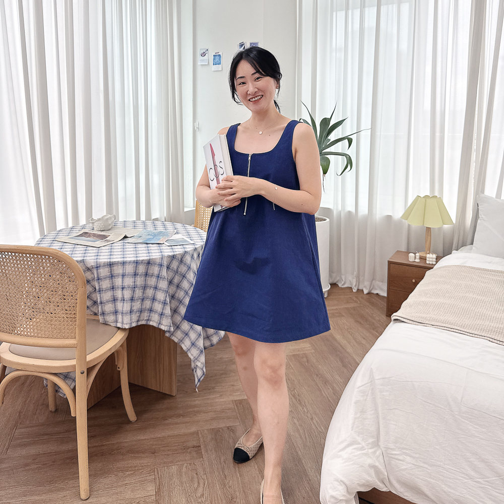 여름 러블리 미니멀 코튼 민소매 네이비 지퍼디테일 양면 착용 가능 미니 원피스 - 상세 이미지 5