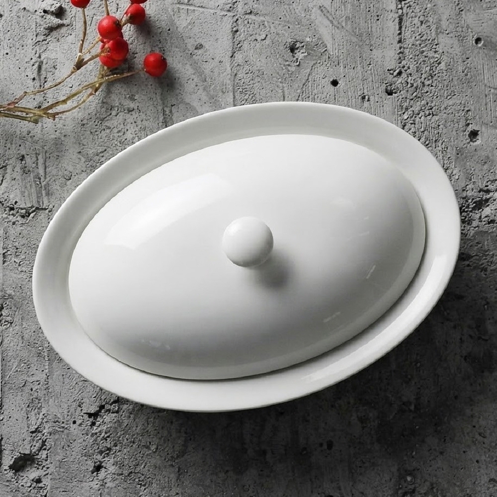 모던 샥스핀 오발 오벌 요리 뚜껑있는 접시 도자기 그릇 타원형 뚜껑, 19cm - 상품 이미지