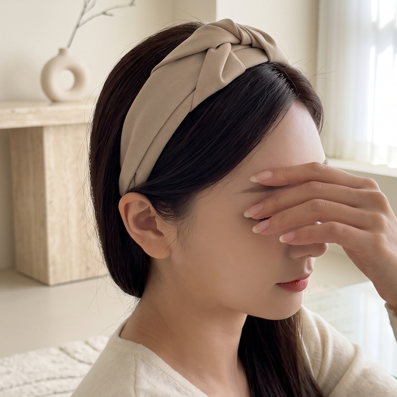 와이드 리본 꼬임 반다나 사계절 코튼 면 헤어 머리띠 [블랙 브라운 베이지] N947 - 상세 이미지 2