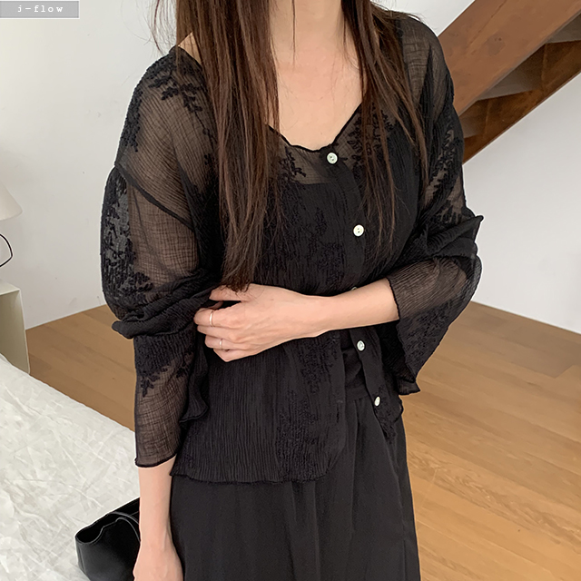 애일 루즈핏 플리츠 자수 시스루 가디건 2col S,M 여름 긴팔 자가드 쉬폰 제이플로우 이미지 8
