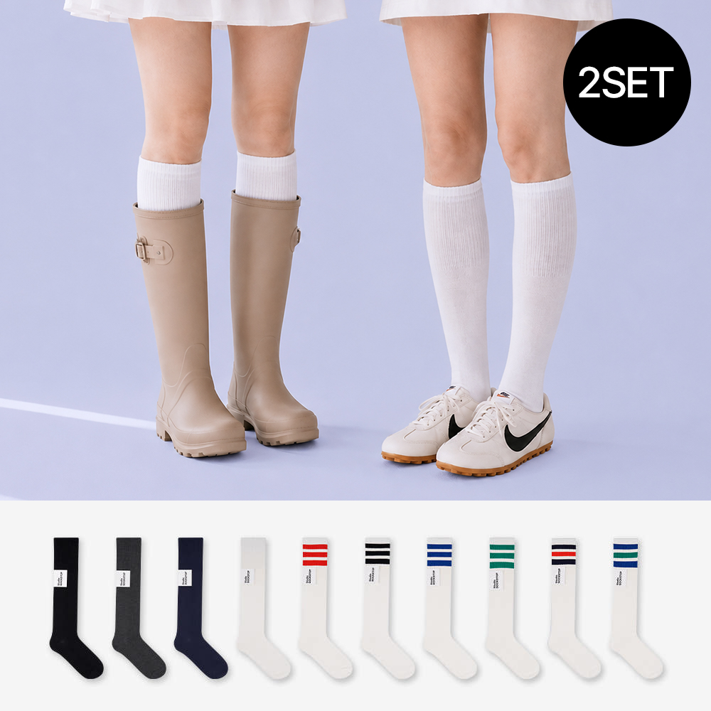 [1+1] 싹스탑 여성 니삭스 2켤레 국산 레인부츠 장화 데일리 무지 긴 학생 양말 - 상품 이미지