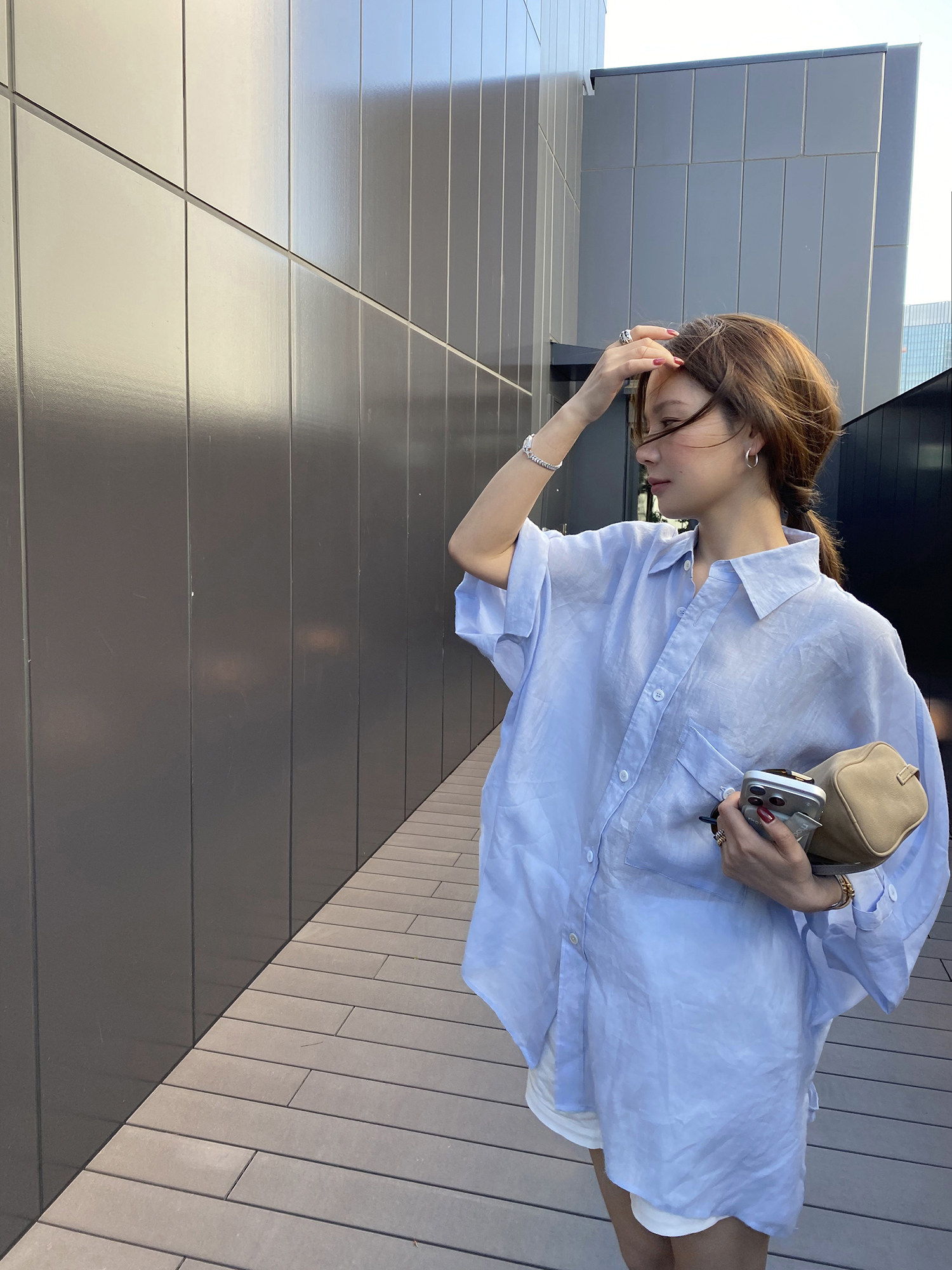 WXLSTUDIO 여성 린넨셔츠 반팔 라미 모시 셔츠 여름 블라우스 - 상세 이미지 3