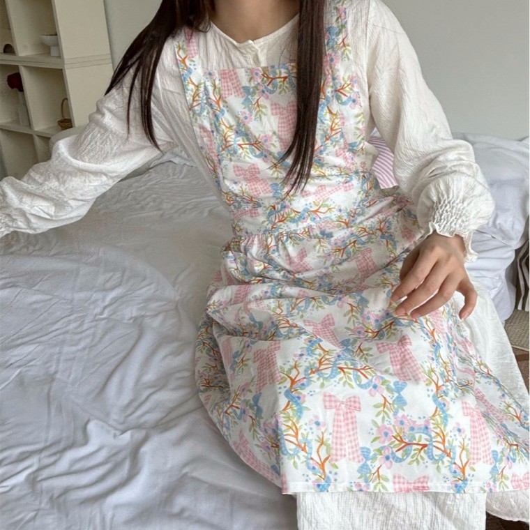 리본 발레코어 키치한 패턴 기본 앞치마 프릴 레이스 린넨 면 모던 주방 카페 어린이집 신혼부부 집들이 - 상품 이미지