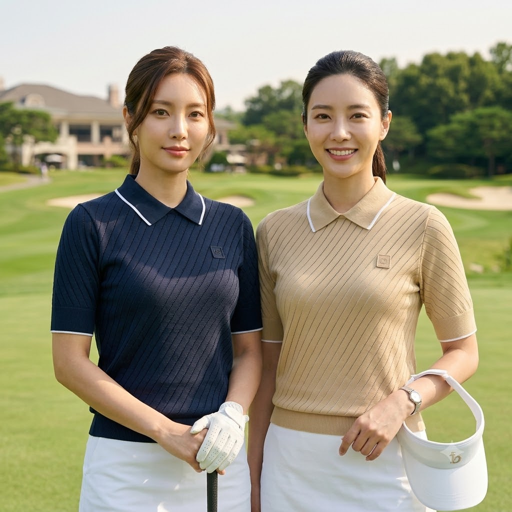 헤지스골프 여성 여름 골프웨어 블루종 니트 골프 카라 반팔 티셔츠 - 상세 이미지 3