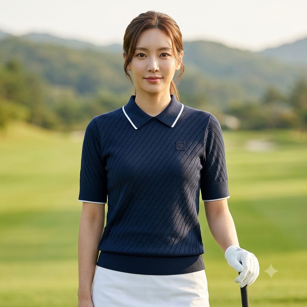 헤지스골프 여성 여름 골프웨어 블루종 니트 골프 카라 반팔 티셔츠 - 상품 이미지