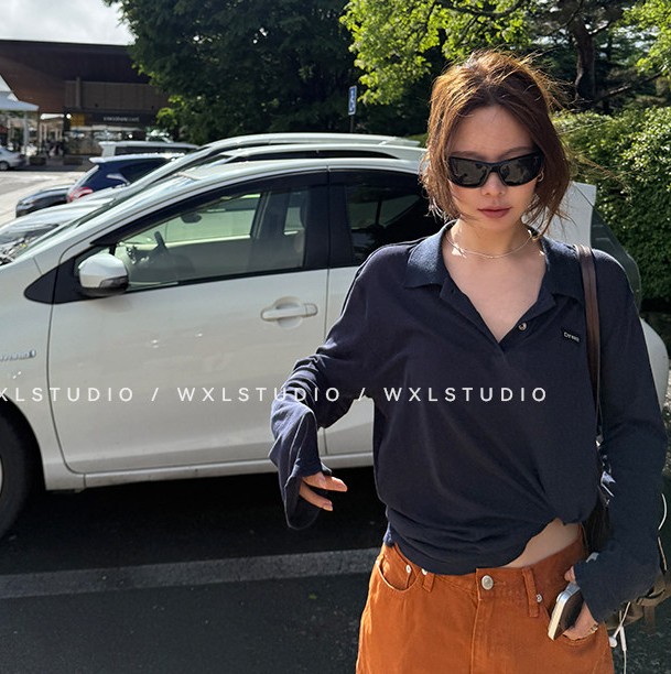 WXLSTUDIO 폴로 카라 긴팔 여성 티셔츠 자외선 차단 얇은티 - 상품 이미지