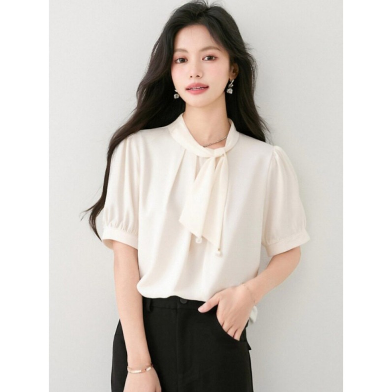 봄 여름 루즈핏 타이넥 퍼프소매 블라우스 핀턱 반팔셔츠 데일리룩 출근룩 보타이 오피스룩 - 상세 이미지 2