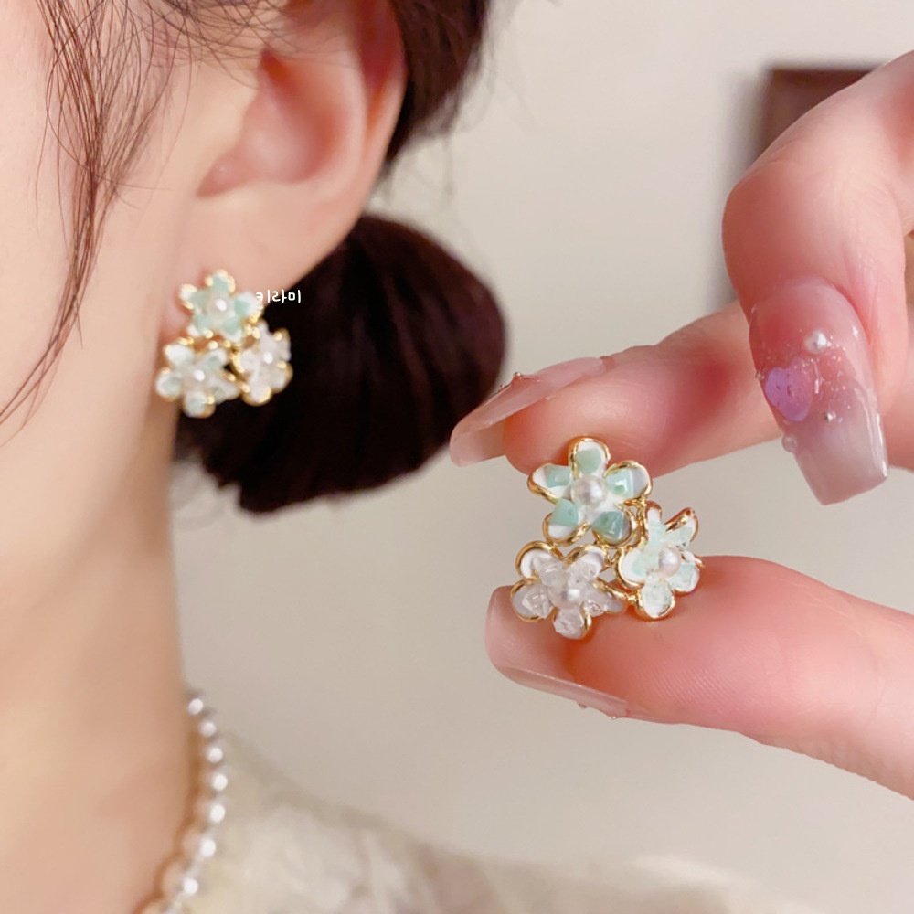 14K골드 민트플라워 미니진주 포인트 꽃송이 귀걸이 - 상품 이미지