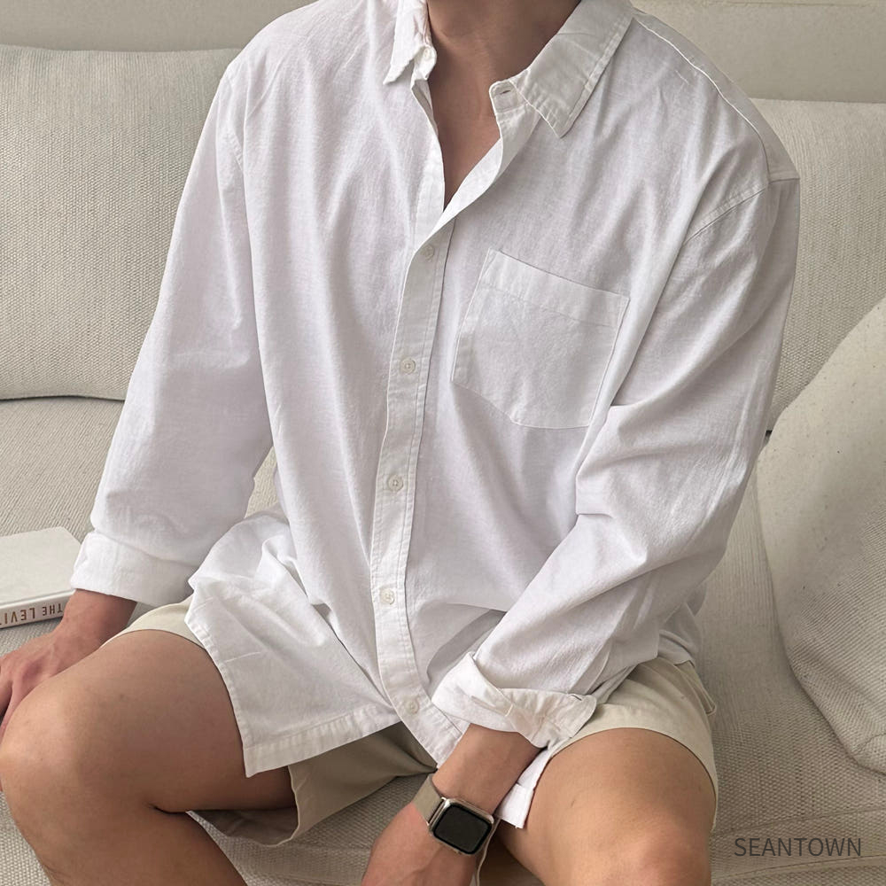 남성 린넨 셔츠 흰색 여름 오버핏 쿨 남방 난방 남자 셔츠 상품 이미지