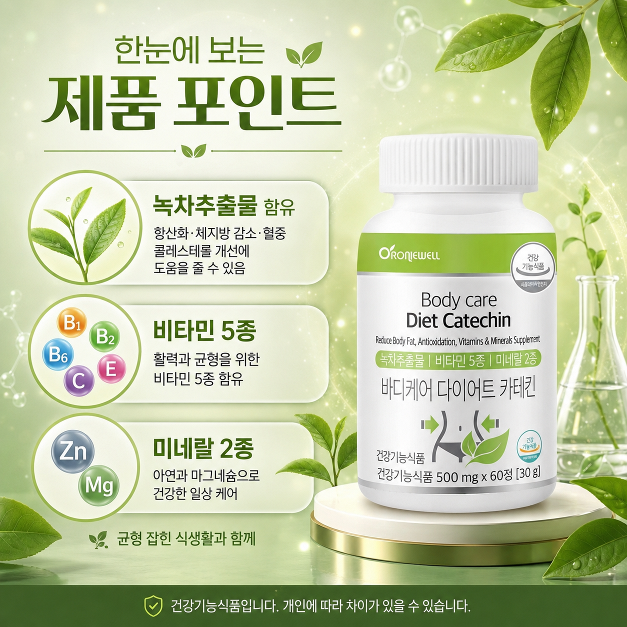 오로니웰 다이어트 카테킨 녹차추출물 체지방 관리 비타민 5종 미네랄 2종 60정 - 상세 이미지 4