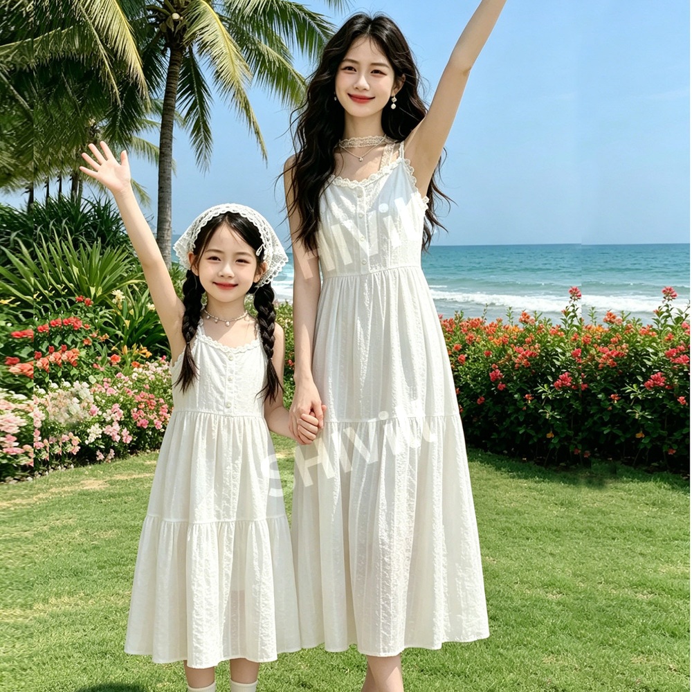 패밀리룩 시밀러룩 모녀 커플룩 화이트 원피스 우아한 해변 휴가룩 비치웨어 바캉스룩 - 상세 이미지 4