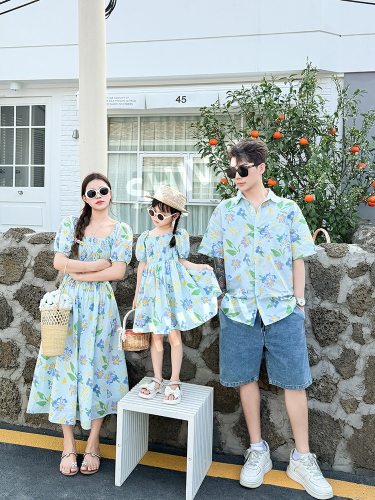 패밀리룩 시밀러룩  여름 커플 셔츠 가족 비치웨어 꽃무늬 드레스 비치웨어 바캉스룩 - 상품 이미지