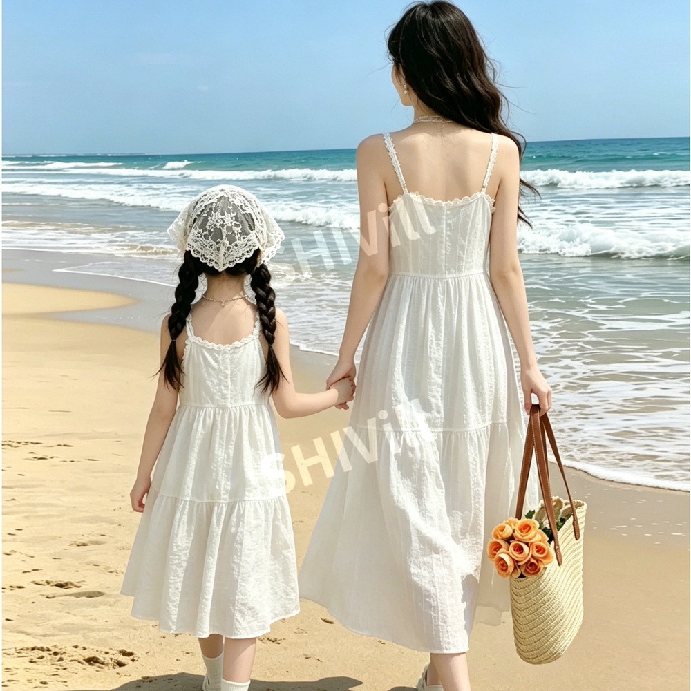 패밀리룩 시밀러룩 모녀 커플룩 화이트 원피스 우아한 해변 휴가룩 비치웨어 바캉스룩 - 상세 이미지 2