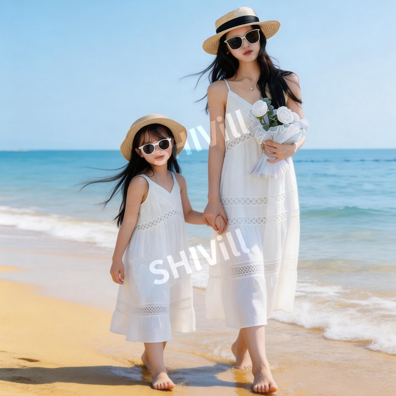 패밀리룩 시밀러룩 모녀 커플룩 여름 원피스 비치룩 화이트 자수 비치웨어 바캉스룩 - 상세 이미지 3
