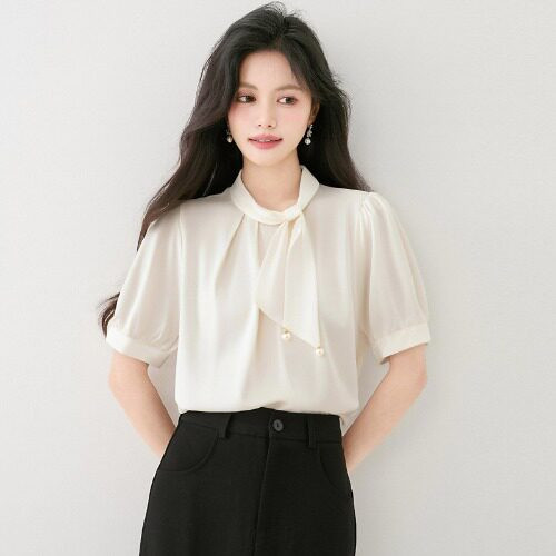봄 여름 루즈핏 타이넥 퍼프소매 블라우스 핀턱 반팔셔츠 데일리룩 출근룩 보타이 오피스룩 - 상품 이미지