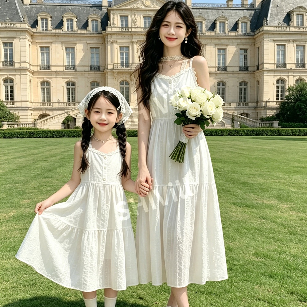 패밀리룩 시밀러룩 모녀 커플룩 화이트 원피스 우아한 해변 휴가룩 비치웨어 바캉스룩 - 상세 이미지 5