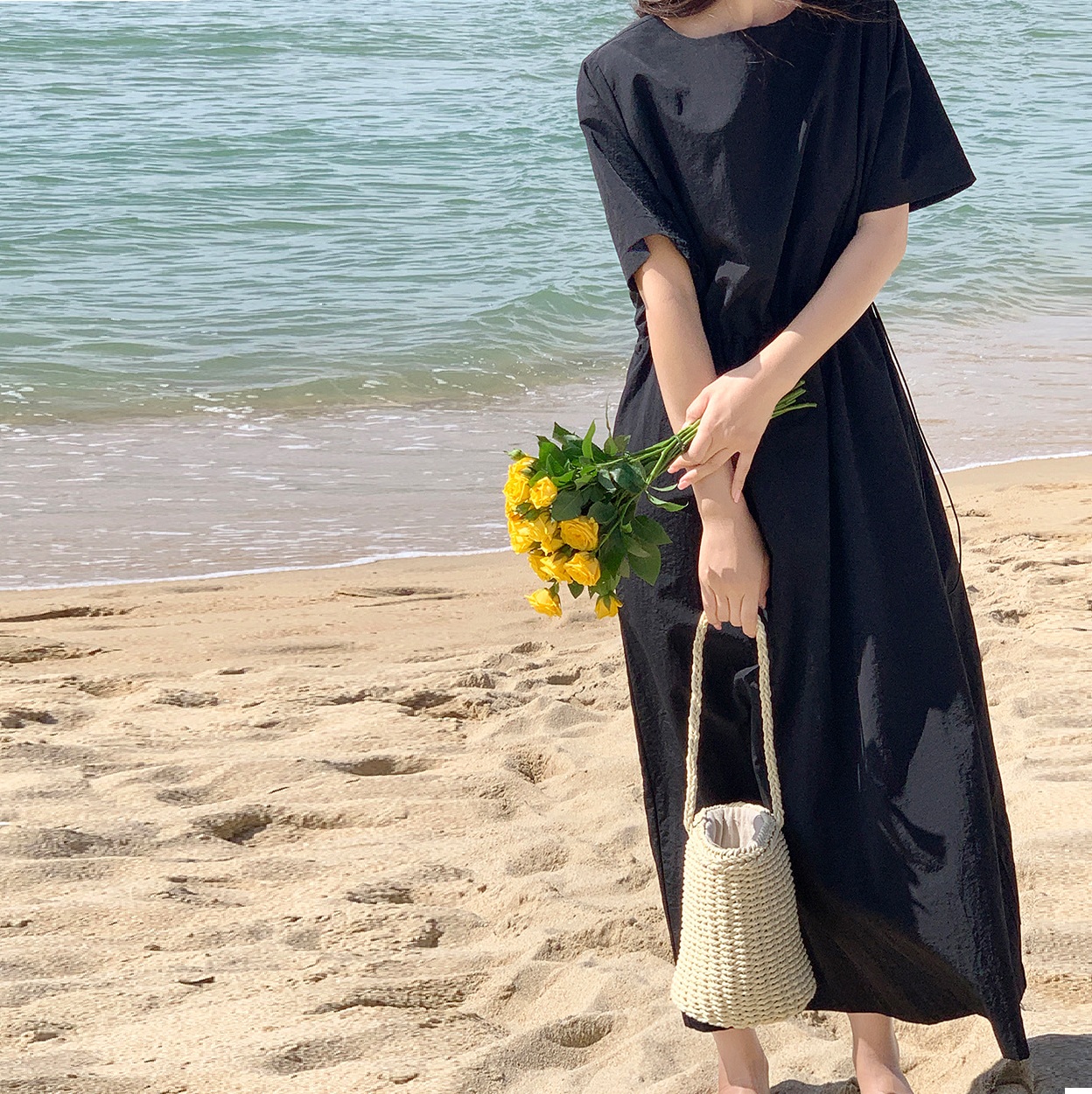 여름 나일론 퍼프소매 셔링 스트링 롱 원피스 이미지 7