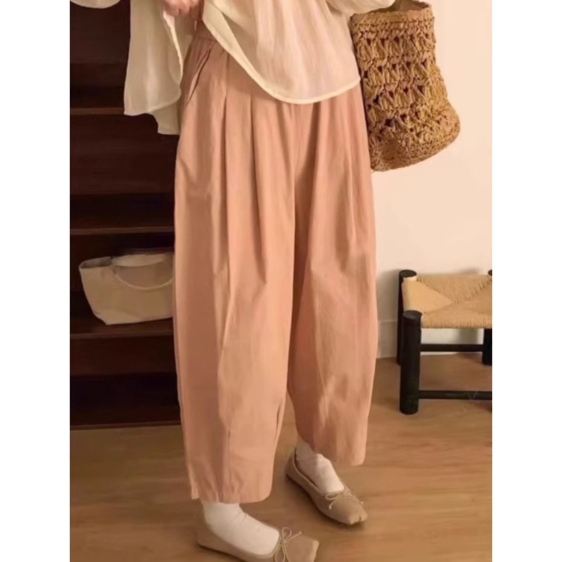 꽃무늬 9부 면 와이드 팬츠 플라워 배기 고무줄 빅사이즈 팬츠 카키 (M-4XL) - 상세 이미지 4