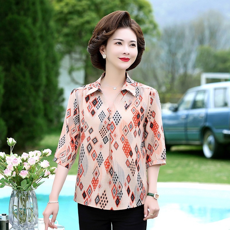 중년 여성 여름 린넨 셔츠 시원한 면 7부 소매 상의 50대 60대 레드 체크 XL - 상품 이미지