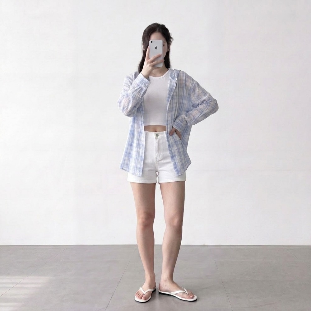 여름 살안타템 체크 후드 셔츠 루즈핏 얇은 긴팔 남방 이미지 8