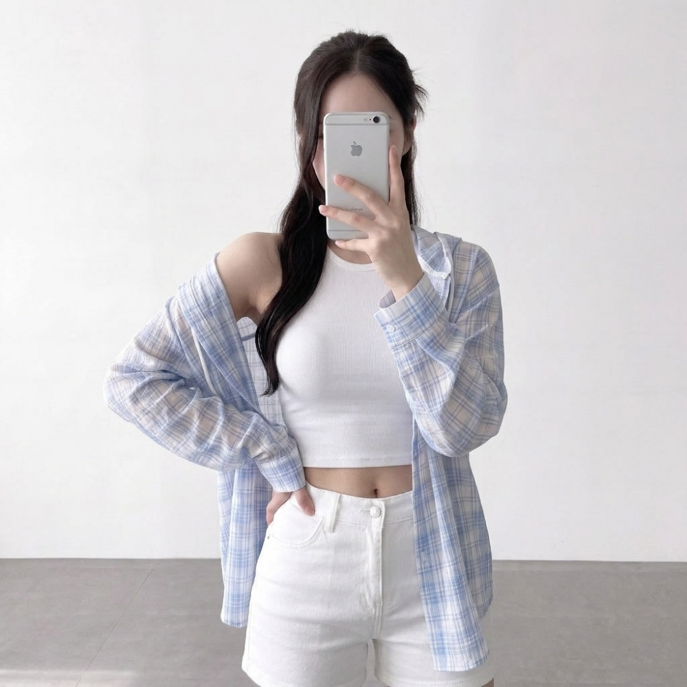 여름 살안타템 체크 후드 셔츠 루즈핏 얇은 긴팔 남방 - 상세 이미지 3