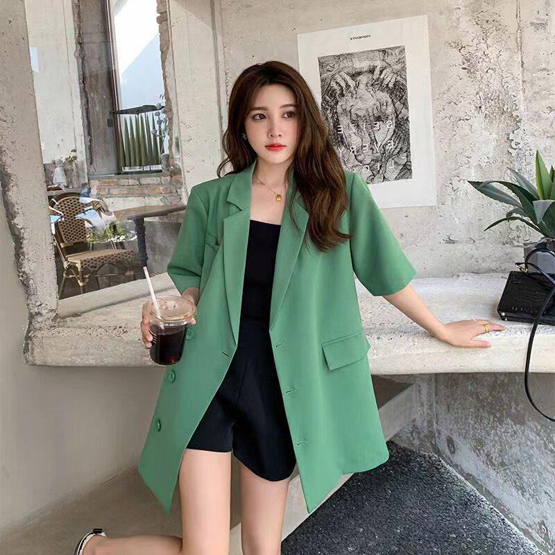 블루바구니 여성 빅사이즈 오버핏 블레이저 반팔 자켓 하프 얇은 정장 캐주얼룩 - 상세 이미지 2