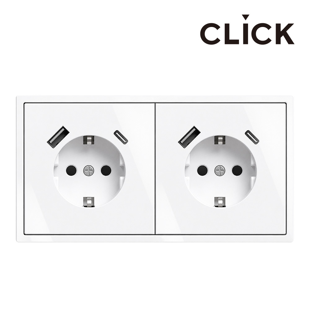 클릭 2구 USB 콘센트 A+C 유럽형 정사각 전기콘센트 화이트 콘센트 플라스틱박스 - 상품 이미지