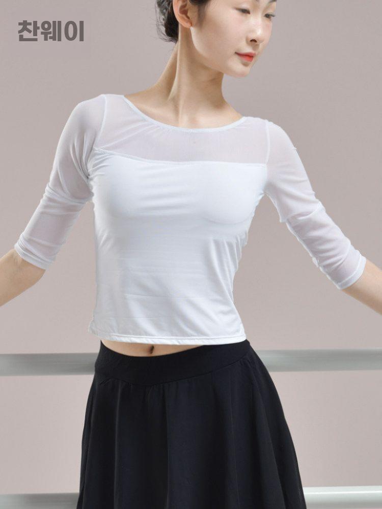 발레 상의 긴팔 워머 시스루 의상 무용복 성인 커버업 반팔 하얀색 S - 상세 이미지 2