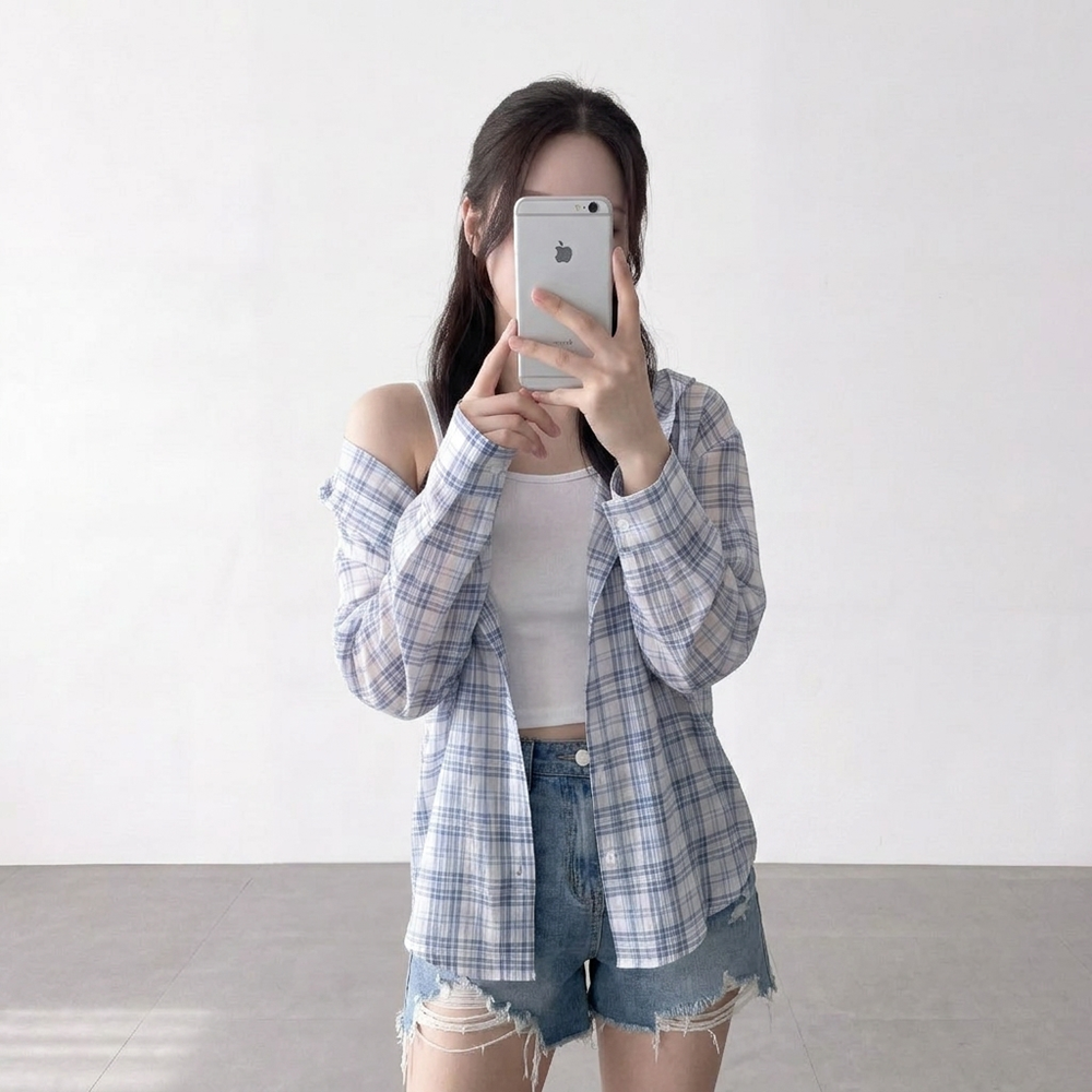 여름 살안타템 체크 후드 셔츠 루즈핏 얇은 긴팔 남방 - 상세 이미지 2