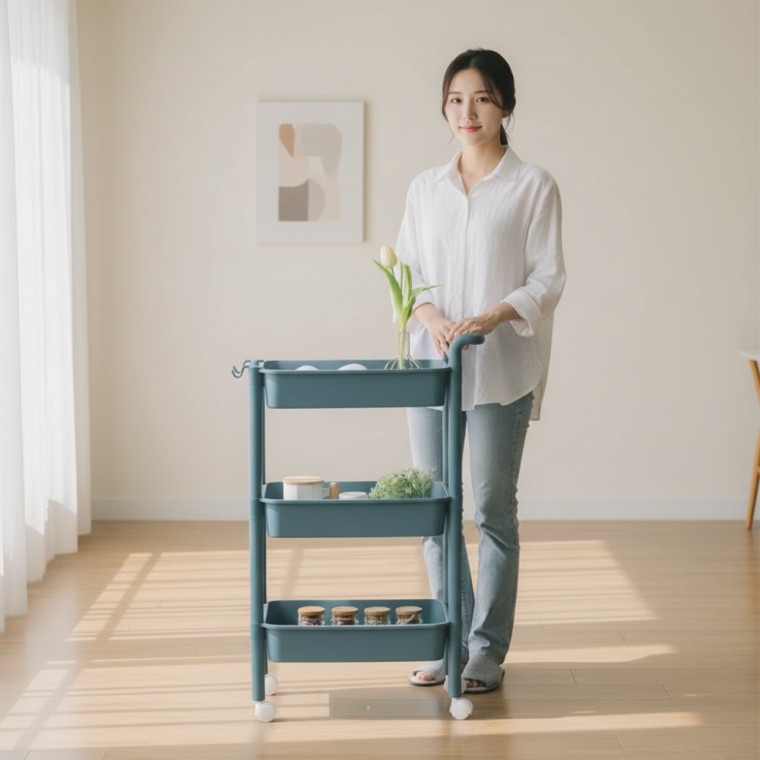 파스텔톤 이동식 트롤리 수납선반 3단 4단 다용도 주방 정리대
