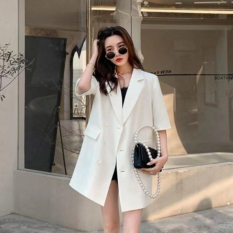 블루바구니 여성 빅사이즈 오버핏 블레이저 반팔 자켓 하프 얇은 정장 캐주얼룩 - 상품 이미지