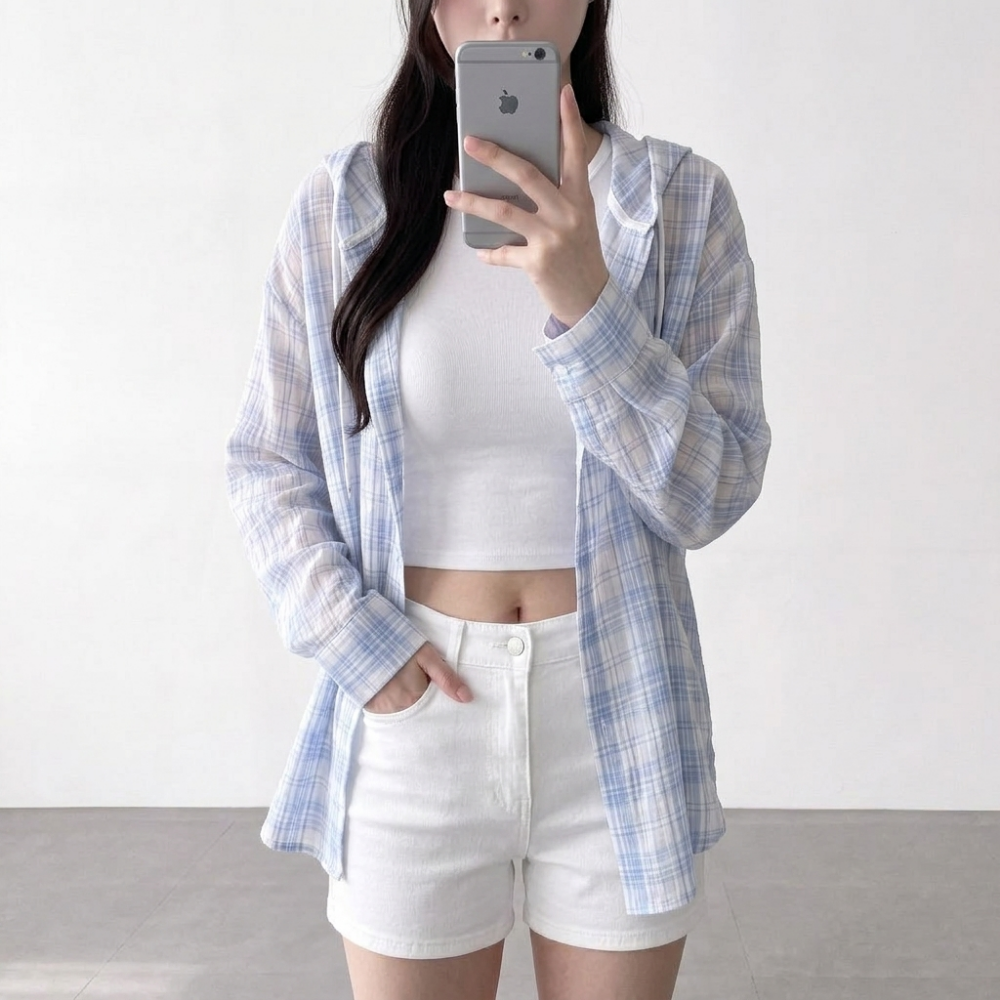 여름 살안타템 체크 후드 셔츠 루즈핏 얇은 긴팔 남방 - 상세 이미지 4