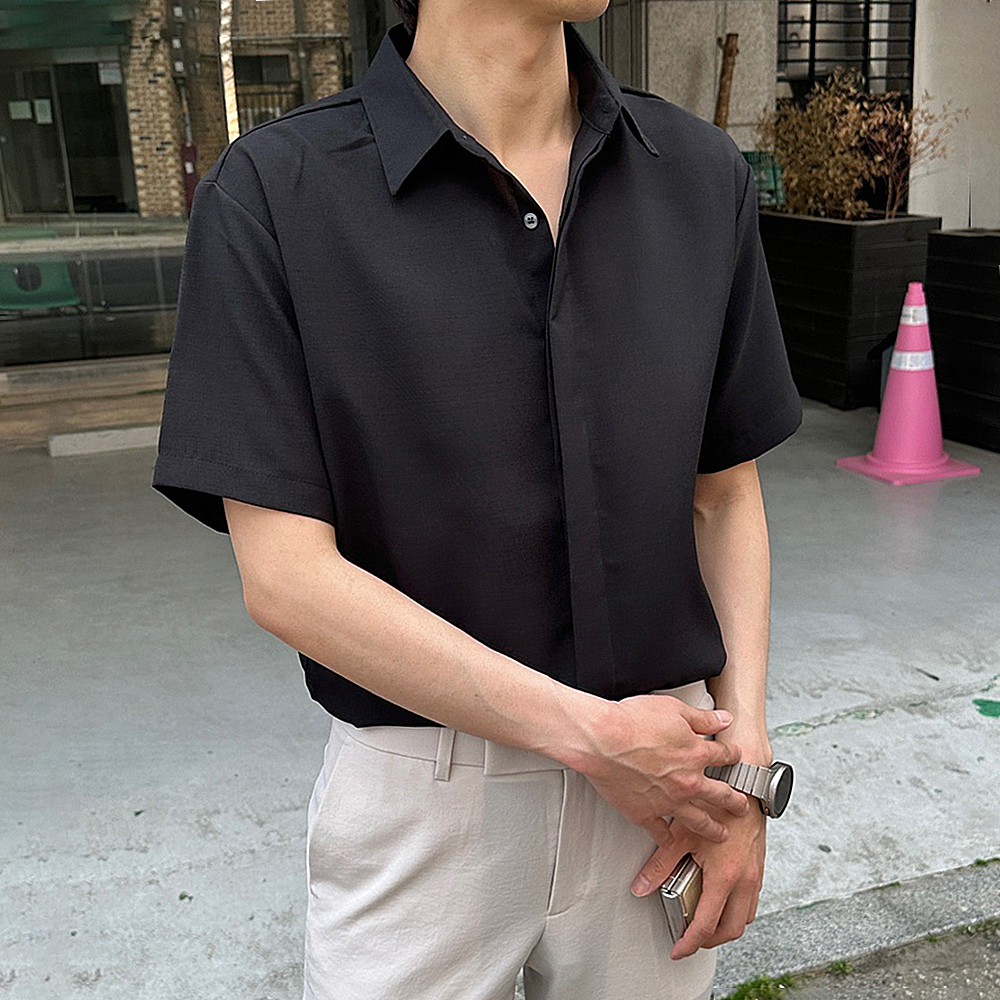 1+1 남자 반팔셔츠 오버핏 링클프리 실크 여름 남방 남성 와이 셔츠 - 상세 이미지 3