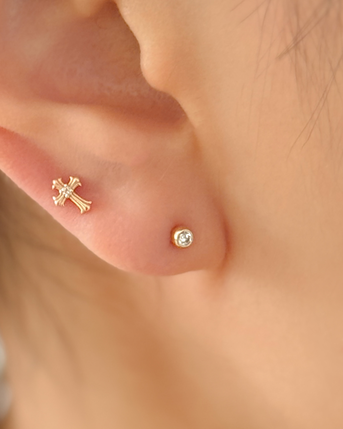 14k 콩알 미니 큐빅 볼 피어싱 - 3mm 골드 심플 레이어드 - 상품 이미지