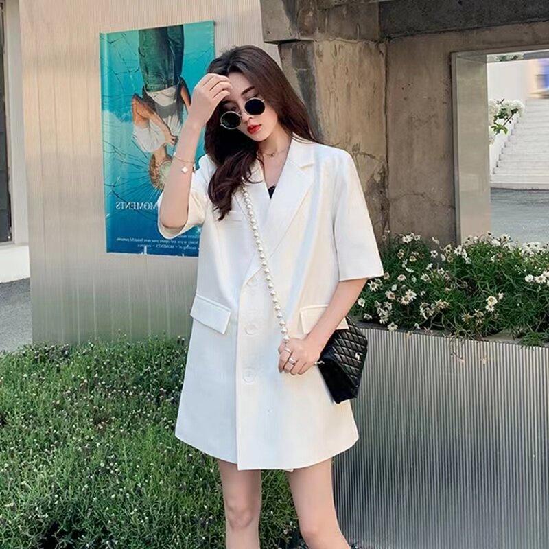 블루바구니 여성 빅사이즈 오버핏 블레이저 반팔 자켓 하프 얇은 정장 캐주얼룩 - 상세 이미지 5
