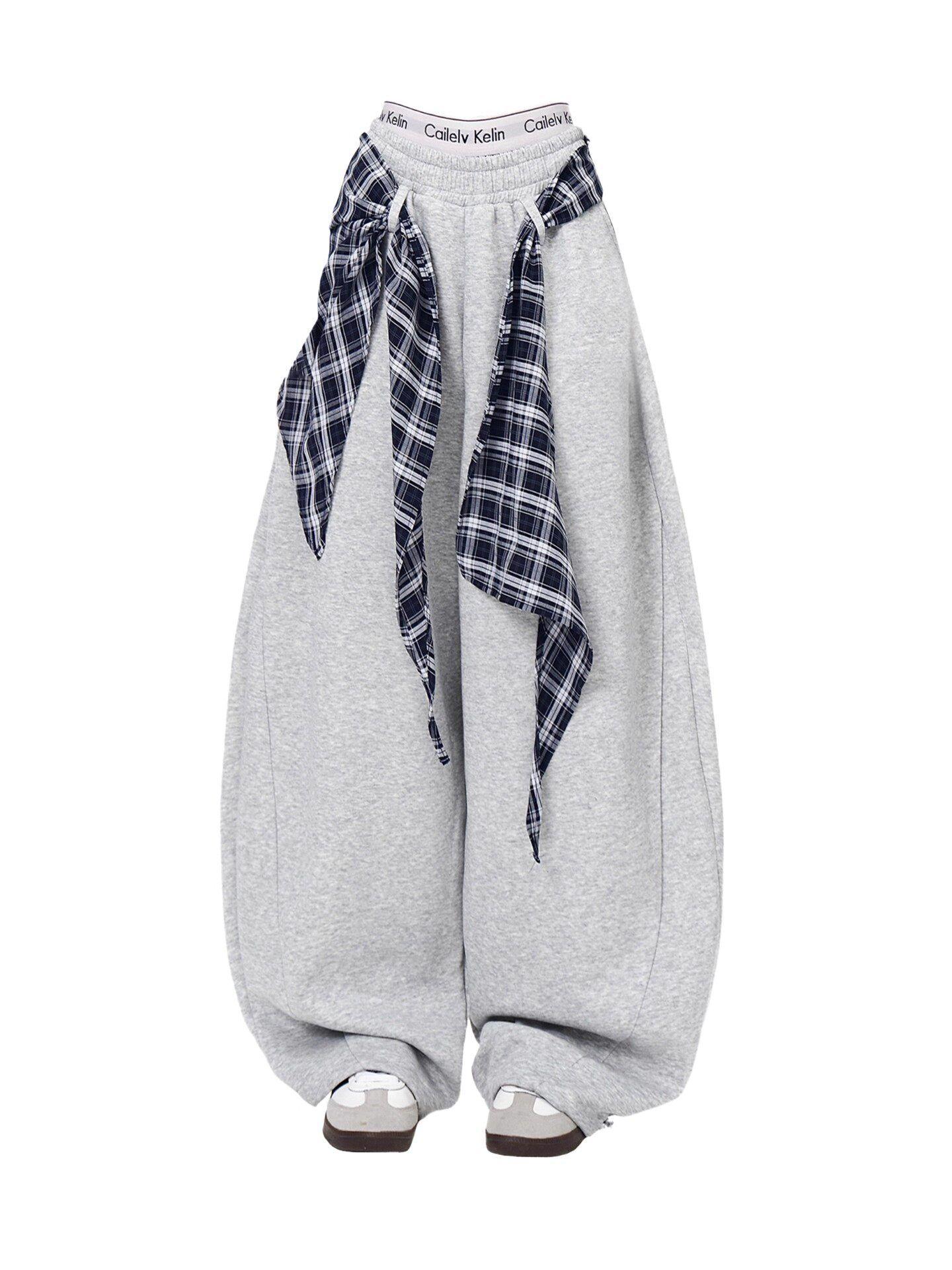 블루바구니 여성 남여공용 방송 댄스복 연습 와이드 팬츠 레이어드 체크 디자인 캐주얼 바지 - 상품 이미지