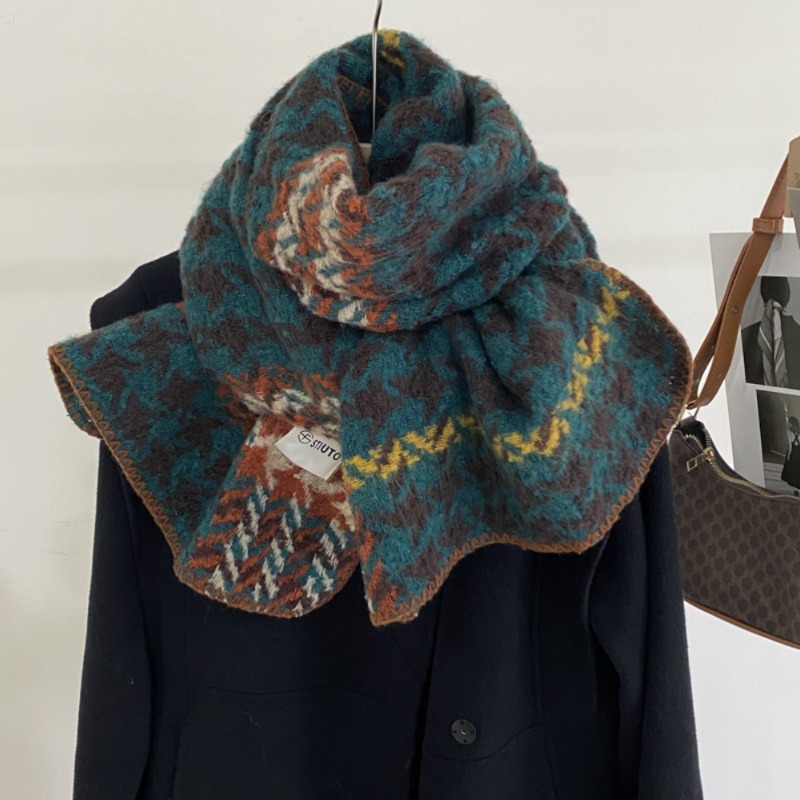 도톰 노르딕 롱 머플러 헤링본 무드 빈티지 패턴 니트 브라운 청록 겨울 보헤미안 숄 목도리 - 상품 이미지
