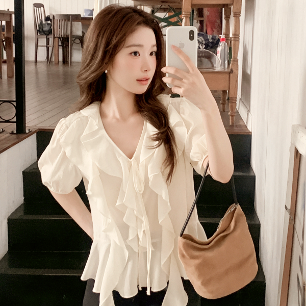 (국내제작) 프릴 리본스트랩 페플럼 블라우스 bs8856 - 상품 이미지