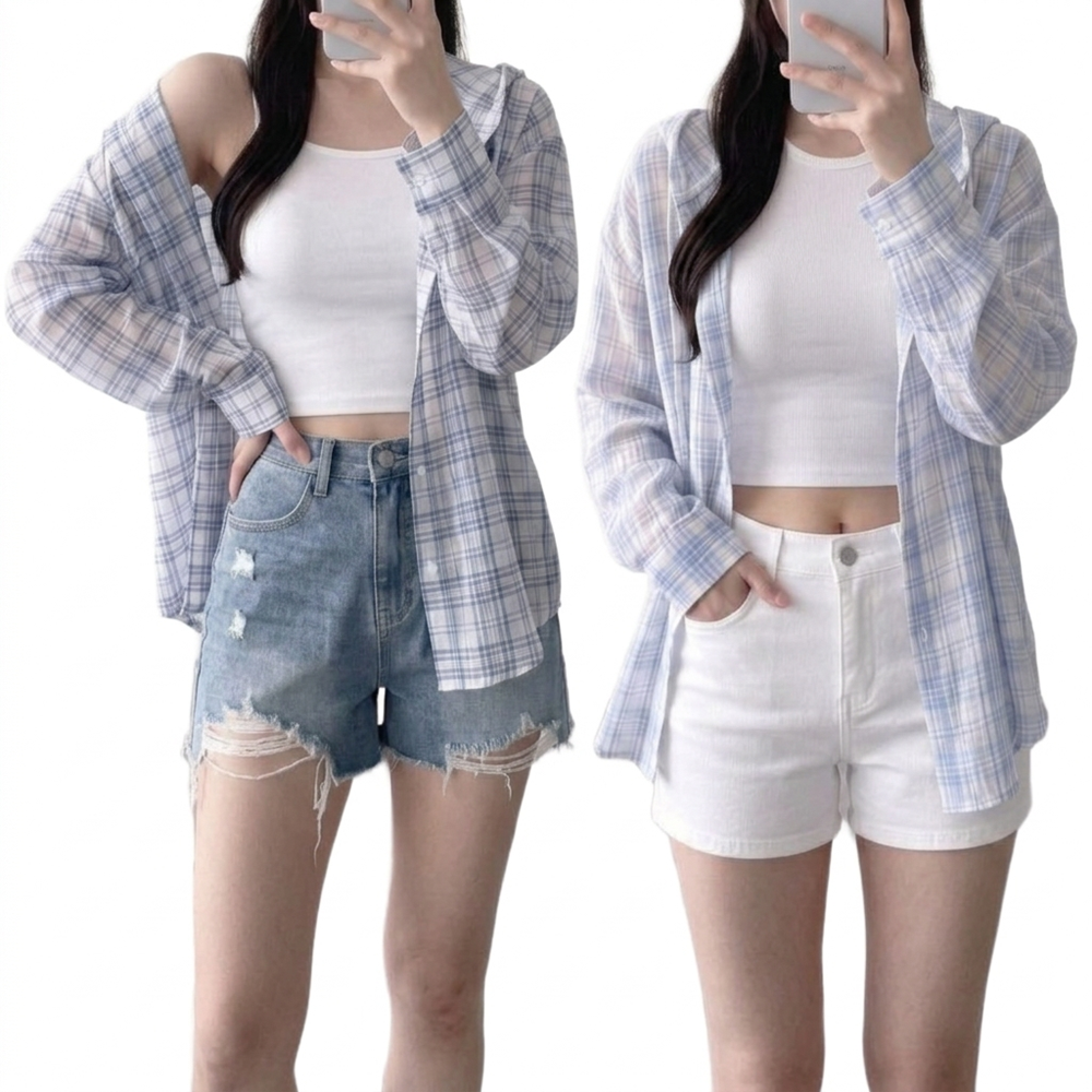 여름 살안타템 체크 후드 셔츠 루즈핏 얇은 긴팔 남방 - 상품 이미지