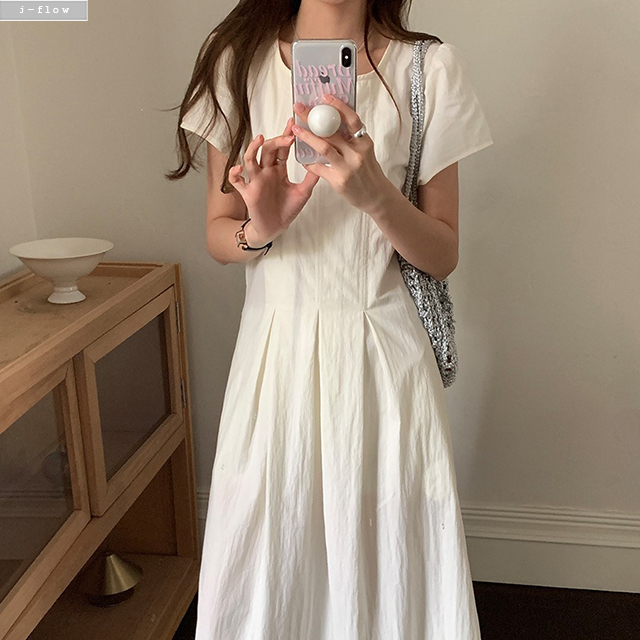 이문 스퀘어넥 자수 코튼 맥시 롱원피스 2col 여름 핀턱주름 반팔 A라인 제이플로우 - 상세 이미지 4